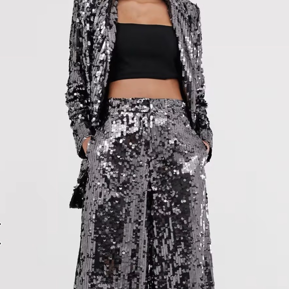 ASOS EDITION charcoal dark grey sequin wide leg flare pants - US 6 - Picture 5 of 6